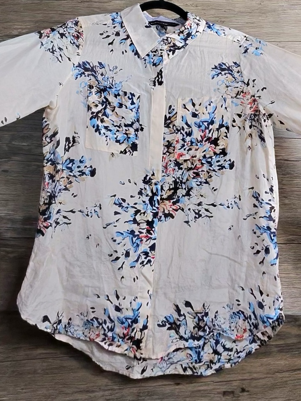 White House Black Market Cream Button-Down with Blue & Pink Floral Print - Picture 7 of 9